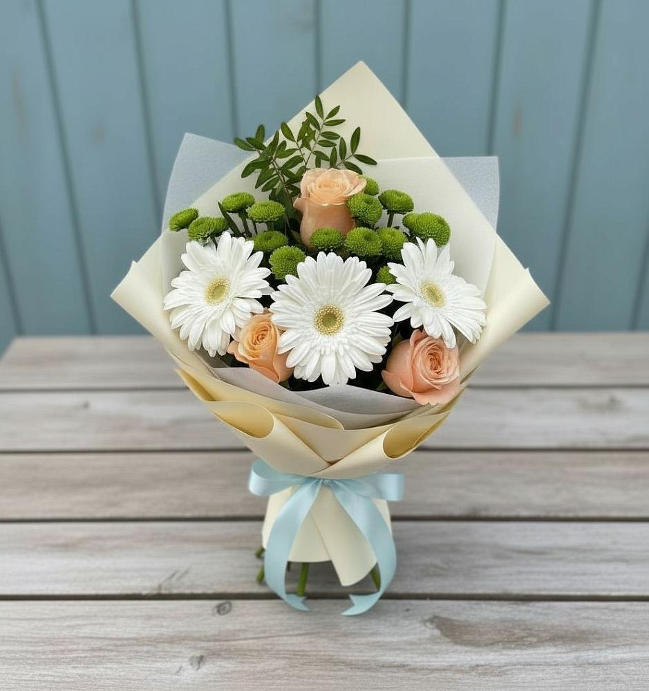 Букет герберы и розы в Нинах Букет цветов из: Герберы, Розы и Хризантемы в Нинах